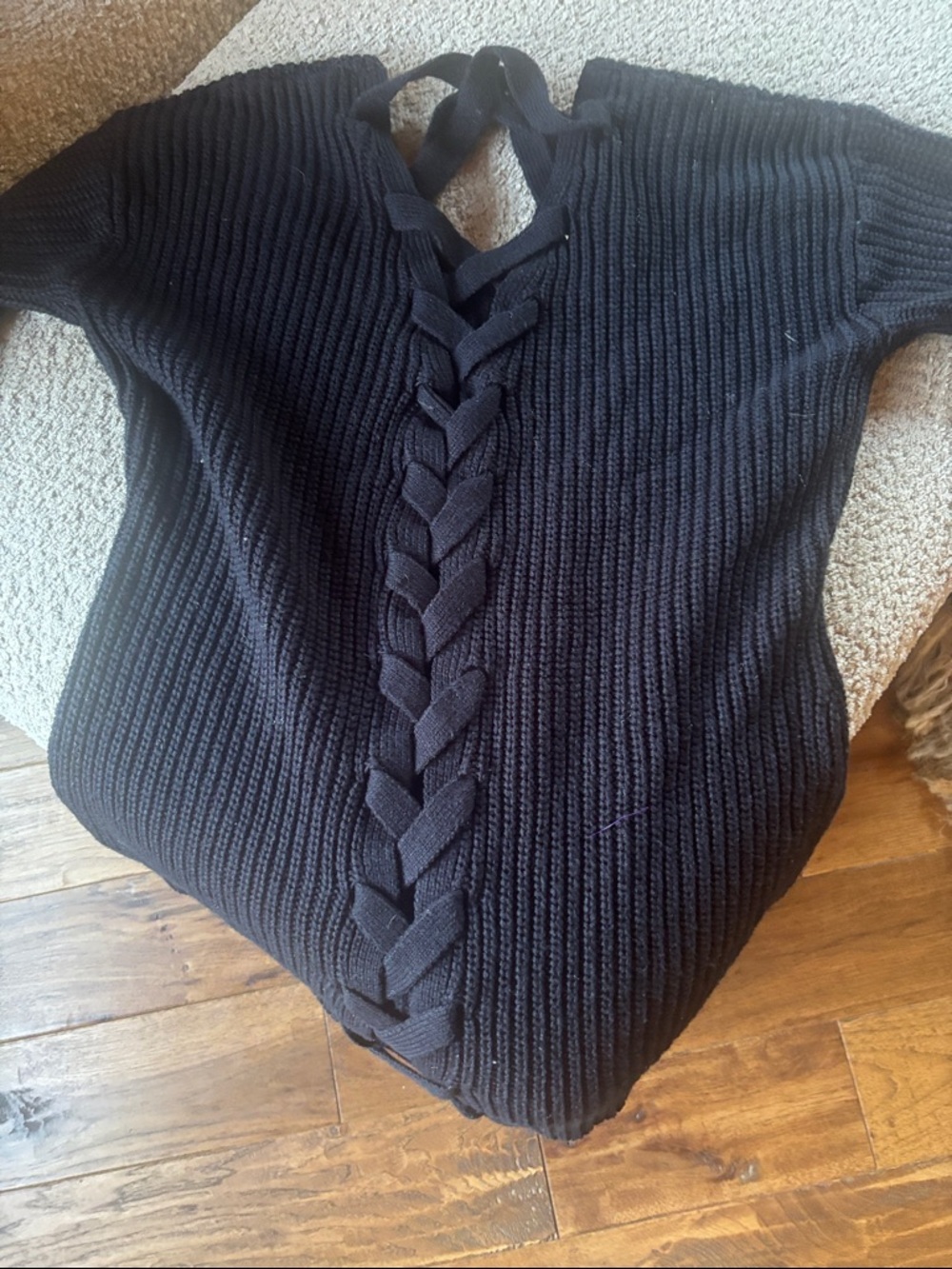Black V‑Neck Ribbed Sweater with Back Strap Detail